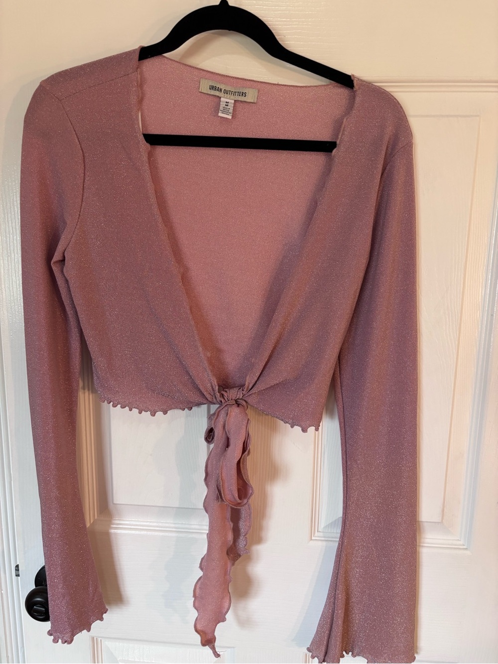 Urban Outfitters Dusty Rose Tie-Front Sparkle Cropped Cardigan